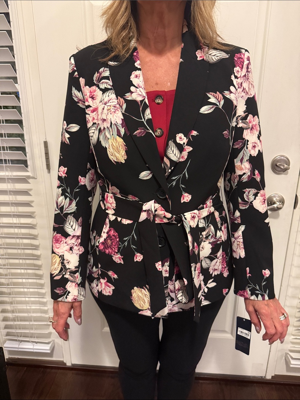 RACHEL Rachel Roy Black Floral Tie-Waist Blazer with Pink & Cream Blooms